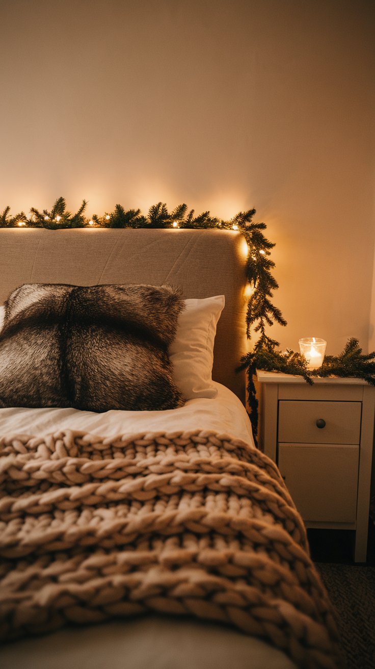 Update Your Neutral Bedroom for Each Season - Winter Your bedroom is enveloped in soft, warm lighting from fairy lights draped across the headboard. A chunky knit blanket spills over the edge of the bed, with a faux fur pillow adding a touch of luxury. On the nightstand, a small evergreen garland frames a glowing candle.
