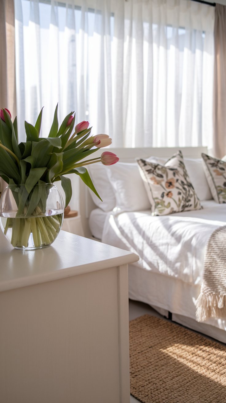 Update Your Neutral Bedroom for Each Season - Spring Your neutral bedroom is infused with spring charm. A glass vase of fresh tulips sits on the dresser, reflecting the sunlight streaming through sheer curtains. The bed features crisp white linens, accented with floral-printed pillows, while a soft jute rug anchors the space.