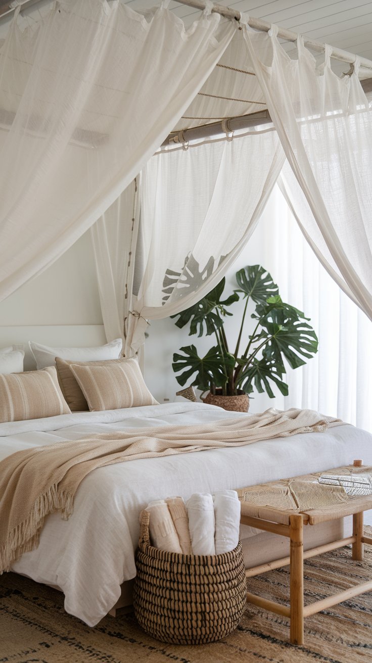 Update Your Neutral Bedroom for Each Season - Summer Your bedroom feels like a summer retreat. Sheer white curtains sway gently in the breeze, while crisp bedding in ivory tones invites you to relax. A potted monstera plant sits in the corner, and a woven basket at the foot of the bed holds rolled-up beach towels.