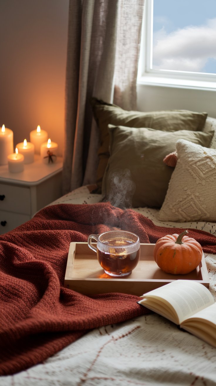 Update Your Neutral Bedroom for Each Season - Fall Your bedroom glows with the soft light of cinnamon-scented candles on the nightstand. A rust-colored throw is draped across the bed, accented by olive green and cream pillows. A small wooden tray on the bed holds a steaming cup of tea, a book, and a mini pumpkin. The curtains are drawn slightly, revealing a crisp autumn sky outside.